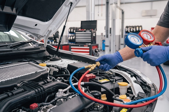 A close-up of a gloved Baldwin Subaru technician holding an air conditioning manifold gauge set connected to the red and blue service ports in a Subaru's engine bay