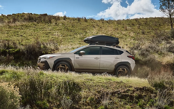 A champagne Subaru Crosstrek with a roof cargo box parked on a grassy hillside
