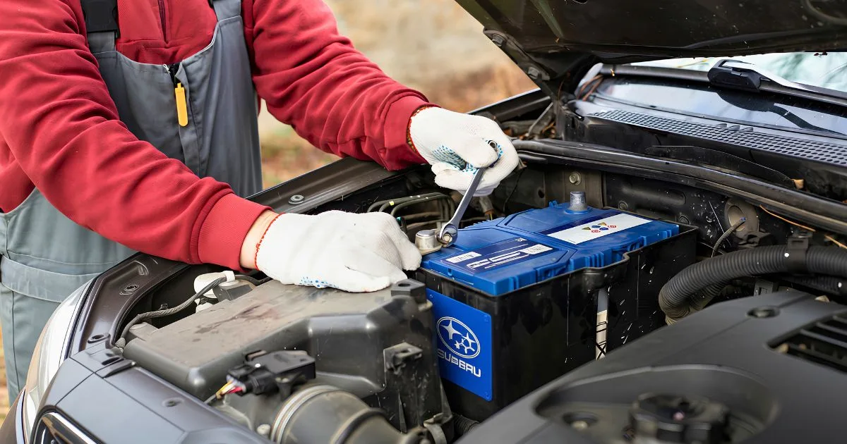 A Subaru technician at Baldwin Subaru installs a replacement battery when the battery test reveals it is drained