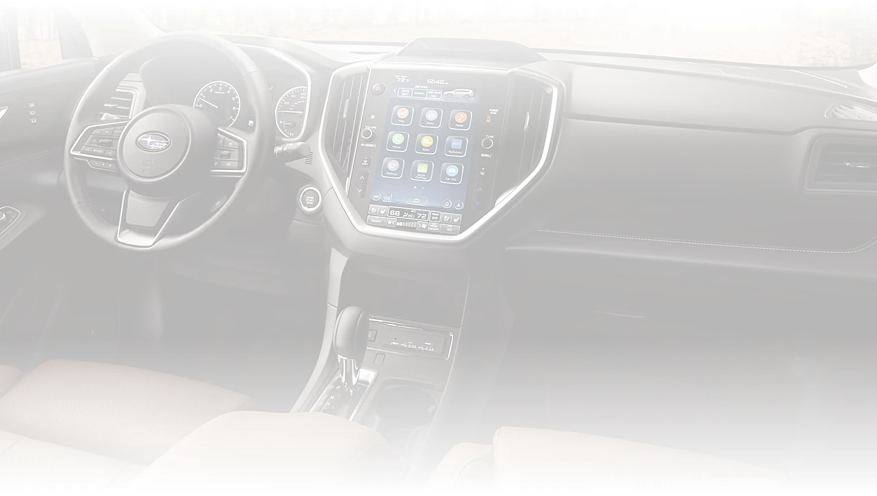 Subaru Ascent cabin viewed from the rear seats toward the dashboard