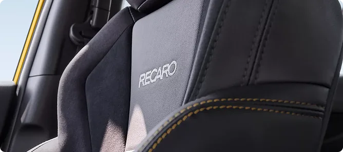 Recaro performance seat with yellow contrast stitching in the WRX Series.Yellow