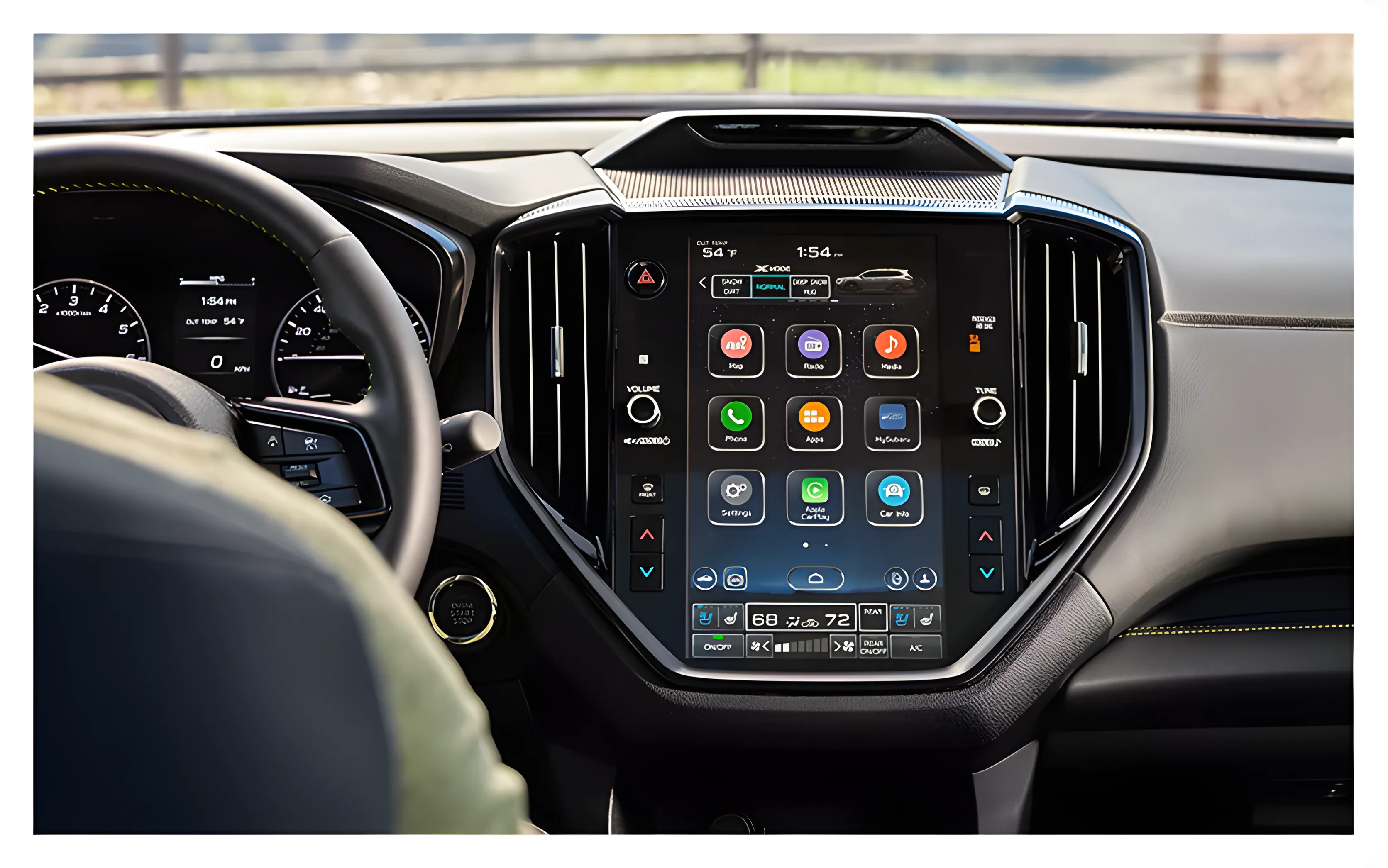 Driver’s view of the Subaru Multimedia System touchscreen and steering wheel