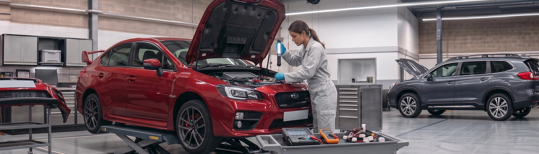 A red Subaru WRX STI on a scissor lift while a Baldwin Subaru technician inspects the engine bay with a work light, test equipment laid out on the cart