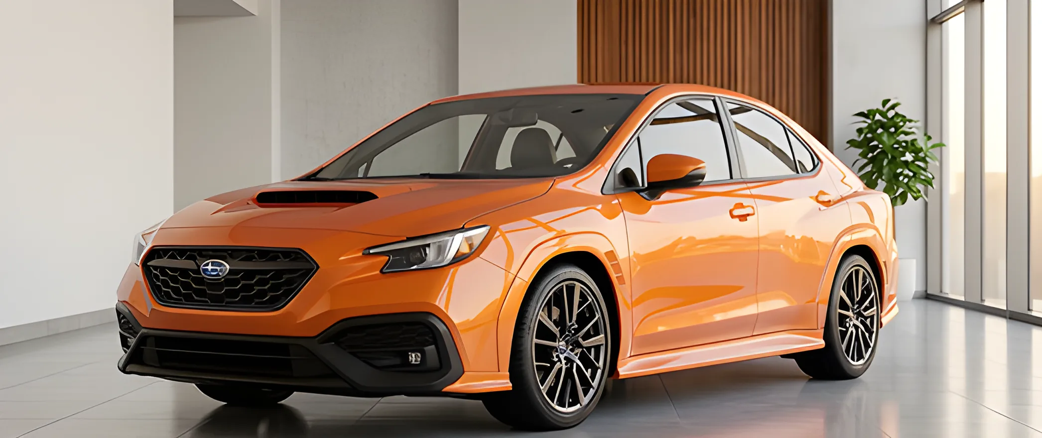 Orange Subaru WRX sedan in a showroom