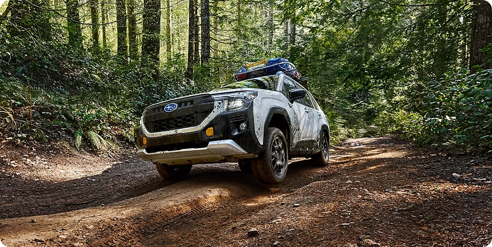 A white Subaru Forester Wilderness climbing a rutted dirt trail through a forest