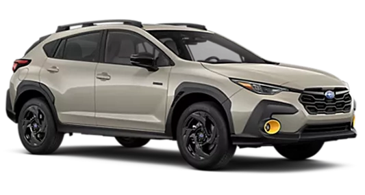 A champagne 2026 Subaru Crosstrek Sport Hybrid with yellow accents in profile