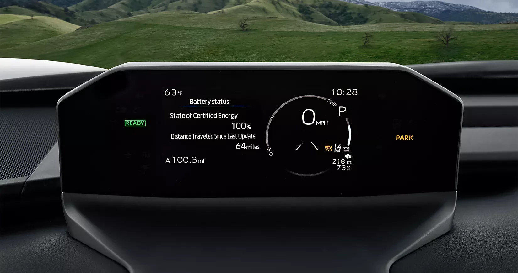 The Solterra digital cluster showing charge level and driving range