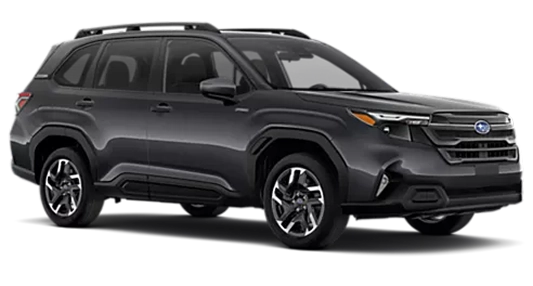 A dark gray 2026 Subaru Forester Premium Hybrid in profile