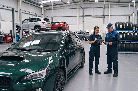 A green Subaru parked in the Baldwin Subaru workshop while two service staff compare notes on their tablets