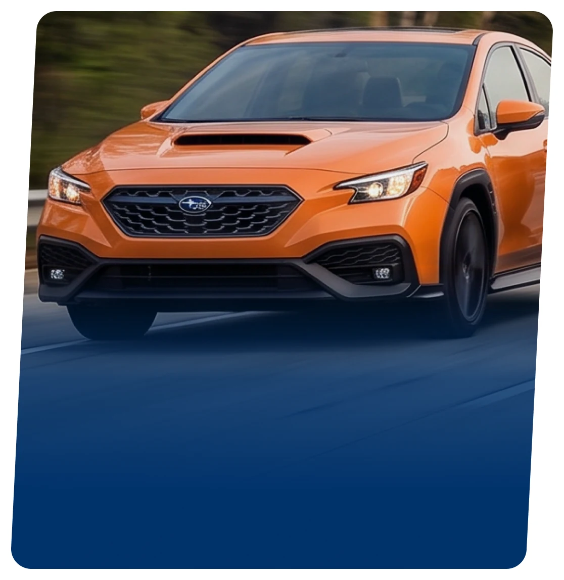 Orange Subaru WRX sedan on a blue backdrop