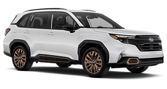 A white 2026 Subaru Forester Sport with bronze wheels in profile