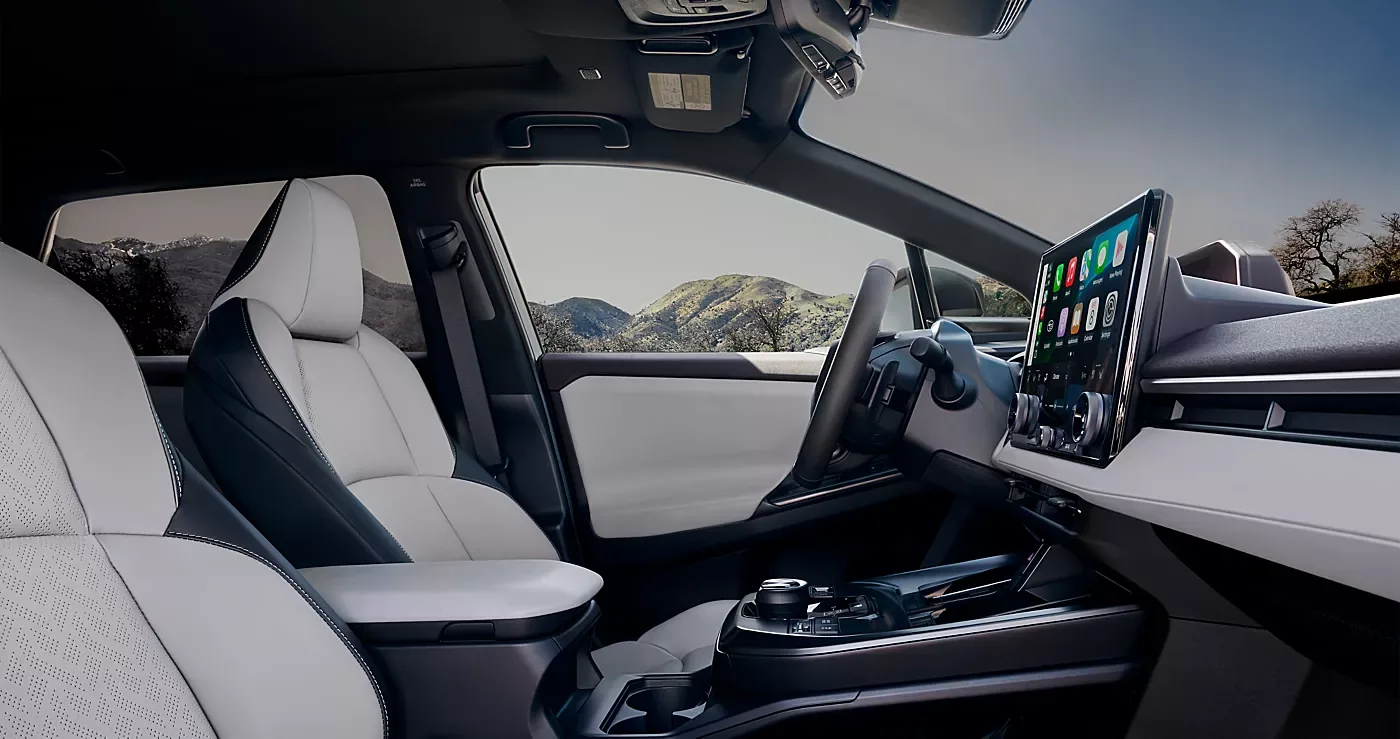 The front cabin of a 2026 Subaru Solterra XT with StarTex upholstery