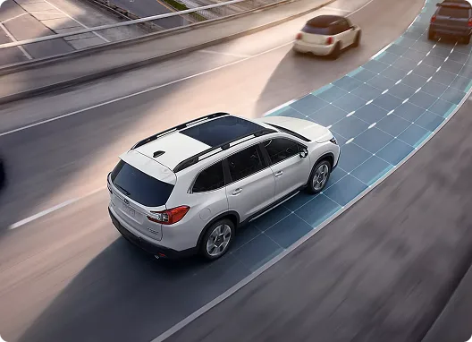 Illustration of adaptive cruise control keeping a Subaru Ascent centered in its lane