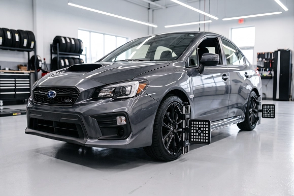 A gray Subaru WRX standing in the Baldwin Subaru alignment bay with alignment target boards mounted to the wheels along its driver's side