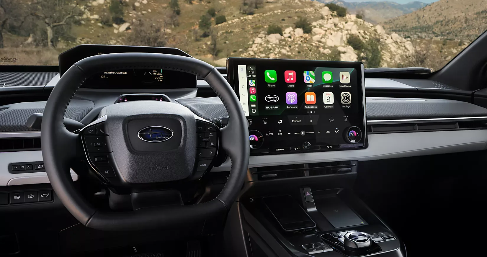 The 2026 Subaru Solterra steering wheel and 14-inch touchscreen
