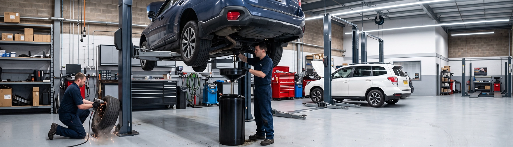 Two Baldwin Subaru technicians at work in the service shop, one draining the oil from a dark blue Subaru Outback on a lift while the other grinds a tire on the floor beside a white Subaru Forester