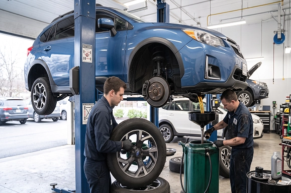 Two Baldwin Subaru technicians servicing a blue Subaru Crosstrek on a lift, one handling a wheel and tire while the other drains the engine oil into a green waste container