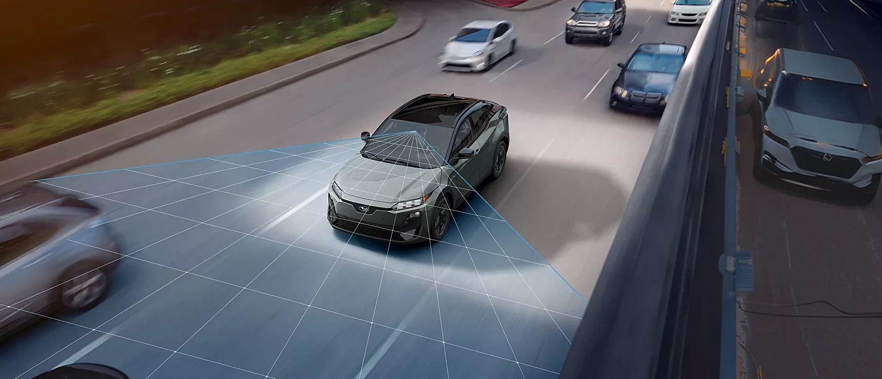 A 2026 Subaru Uncharted on a highway with safety sensors monitoring traffic