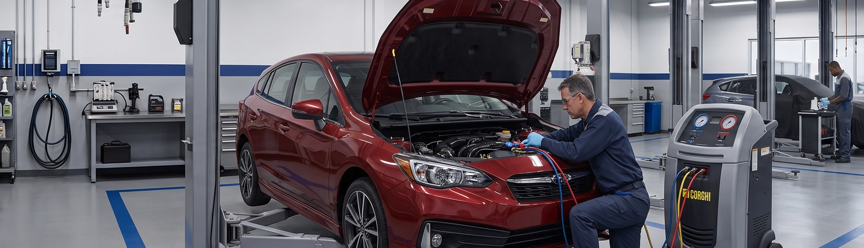 A Baldwin Subaru technician kneeling at the open hood of a red Subaru Impreza, connecting the blue low-side service hose from a Corghi air conditioning recovery machine