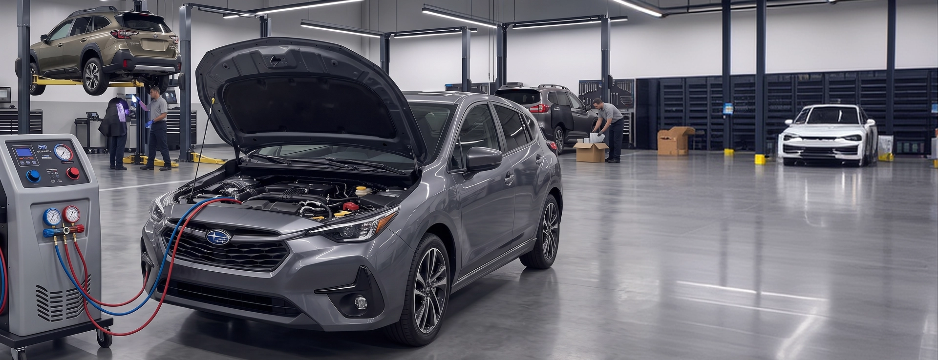 A gray Subaru Impreza with its hood raised in the Baldwin Subaru service bay, an air conditioning recovery machine connected to it by red and blue hoses, with an Outback on a lift behind