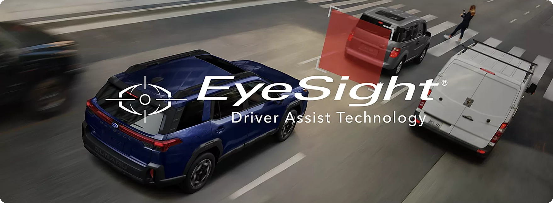 An overhead view of a blue Subaru at a crosswalk with the EyeSight Driver Assist Technology logo overlaid