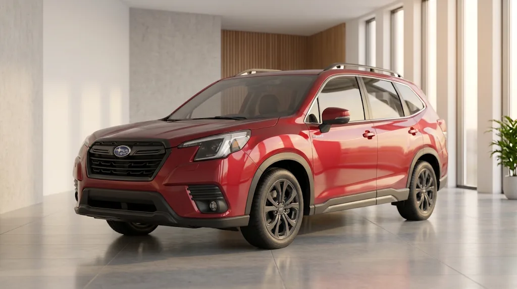 A red Subaru electric SUV in a bright showroom