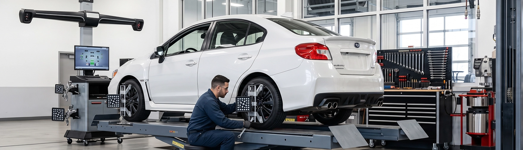 A white Subaru WRX on an alignment rack at Baldwin Subaru, alignment targets clamped to its wheels while a technician adjusts the rear suspension and the readings show on the alignment monitor