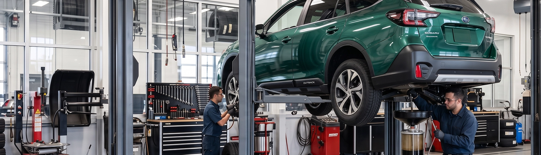 A green Subaru Outback raised on a service lift while one Baldwin Subaru technician drains its engine oil into a catch basin and another works a wheel at the tire machine nearby