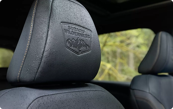 A Subaru Forester Wilderness front seat headrest with the embroidered Wilderness logo