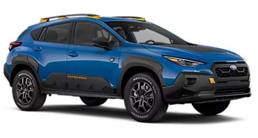 A blue 2026 Subaru Crosstrek Wilderness with yellow roof rails in profile