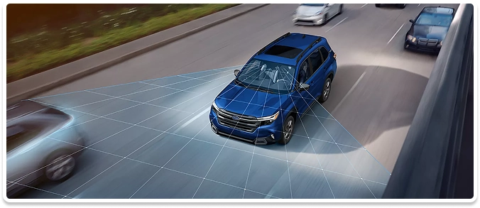 An overhead view of a blue Subaru SUV in traffic with the EyeSight detection field mapped out across the road