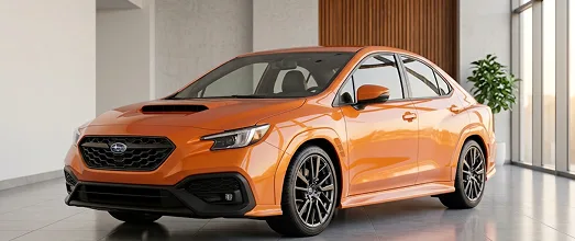 Orange Subaru WRX sedan in a showroom