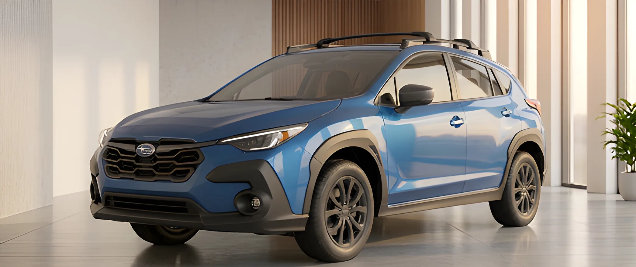 Blue Subaru Crosstrek SUV in a showroom