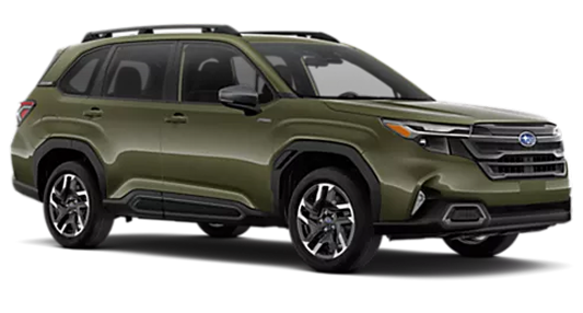 An olive green 2026 Subaru Forester Limited Hybrid in profile