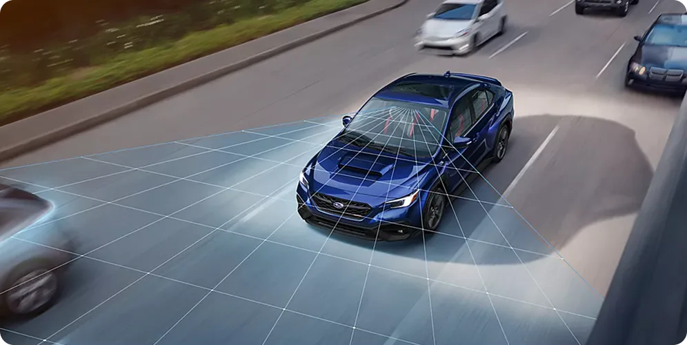 A Subaru WRX on a highway with EyeSight lane-detection graphics overlaid
