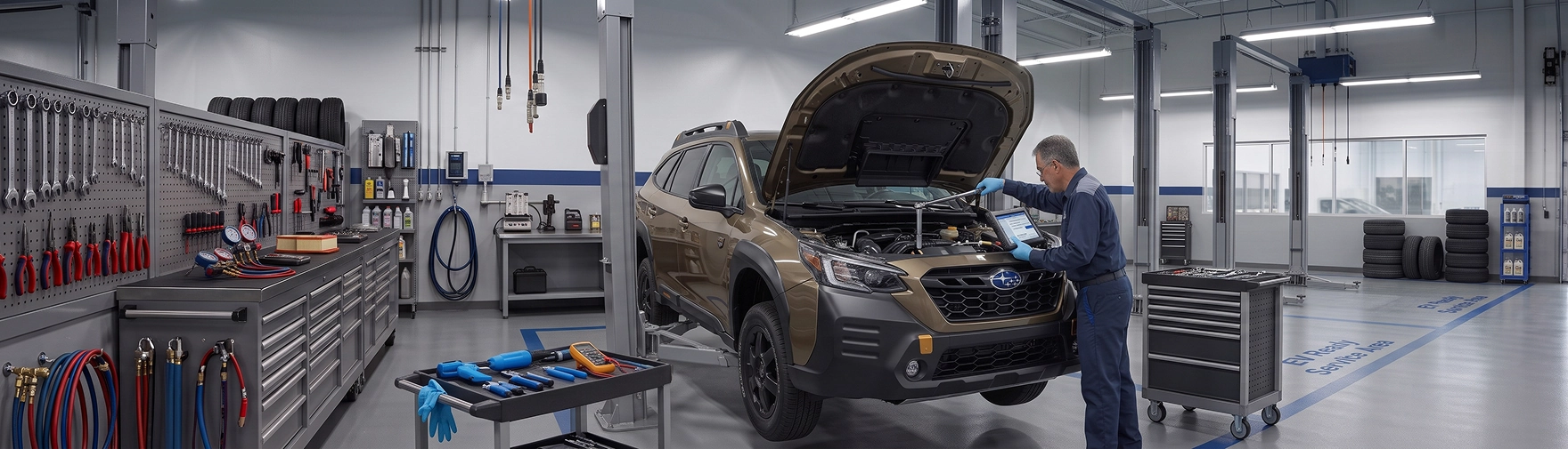 A bronze Subaru Outback Wilderness raised on a lift at Baldwin Subaru while a technician works under the open hood with a diagnostic tablet