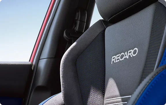 Close-up of the Recaro logo on a WRX front seat