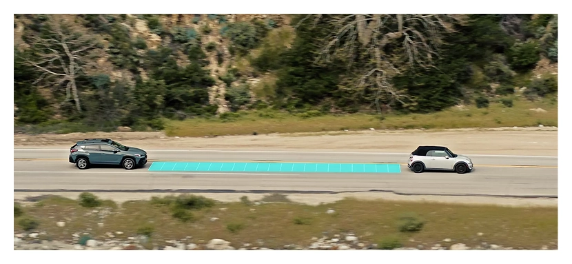 A teal Subaru Crosstrek following a white car on a highway with the following distance highlighted in teal