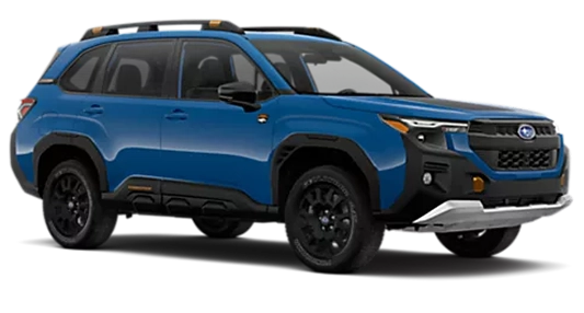 A blue 2026 Subaru Forester Wilderness with black cladding in profile