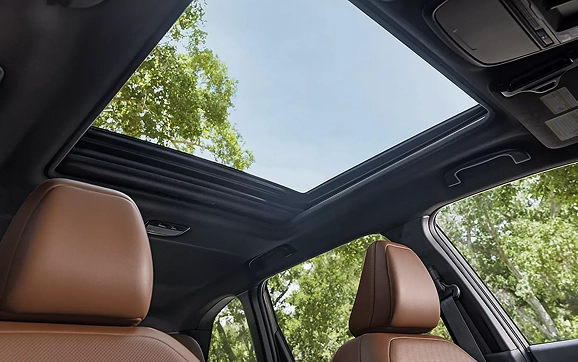 The panoramic moonroof and tan leather rear seats of a Subaru Forester