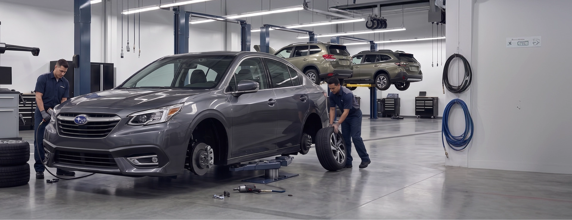 Two Baldwin Subaru technicians working on a gray Subaru Legacy with its front wheel removed in the service bay, with a pair of Subaru Outbacks raised on lifts behind them
