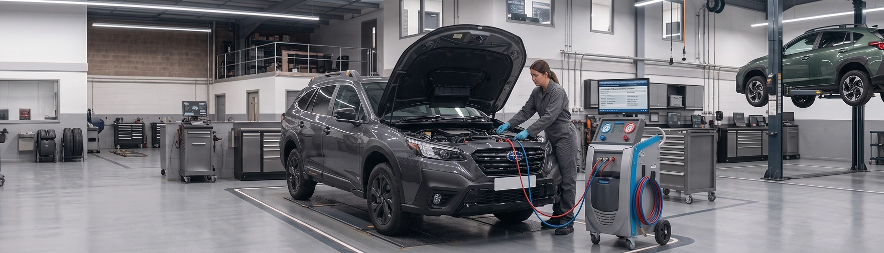 A gray Subaru Outback on the service pad with its hood raised while a Baldwin Subaru technician runs an air conditioning recovery machine connected by red and blue hoses