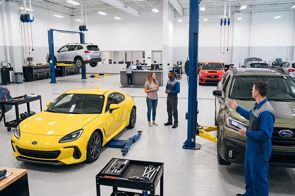A yellow Subaru BRZ in the Baldwin Subaru workshop while a customer talks with a service advisor and a technician reviews a tablet beside a green Outback