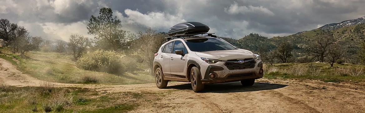 A champagne Subaru Crosstrek with a roof cargo box driving a dirt road under a cloudy sky