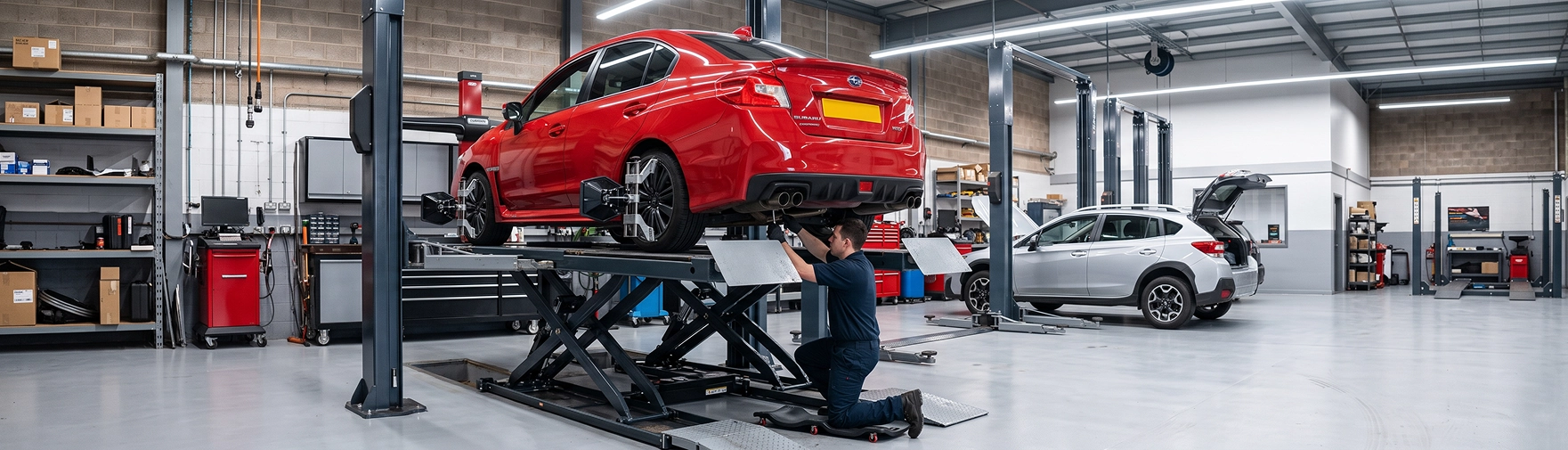 A red Subaru WRX raised on a scissor lift with alignment targets fitted to its wheels while a Baldwin Subaru technician works beneath it, a silver Crosstrek in the next bay
