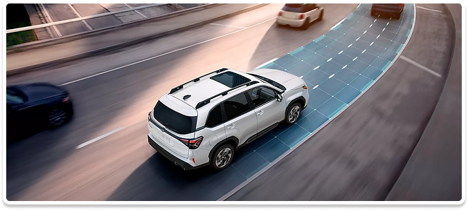 An overhead view of a white Subaru SUV on a curving highway with the lane-centering path highlighted in blue