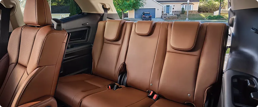 Brown leather-trimmed second- and third-row seating inside the Subaru Ascent