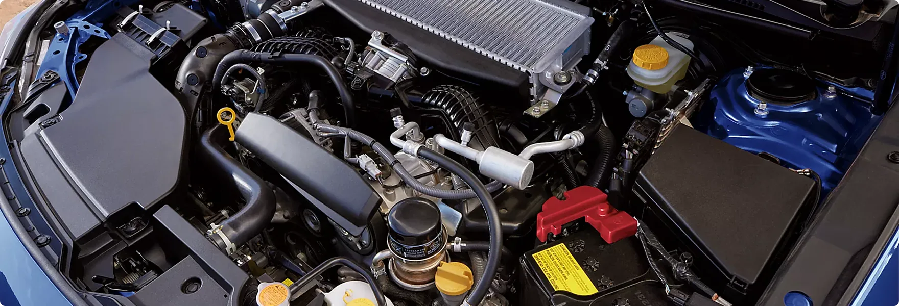 The turbocharged SUBARU BOXER engine in the WRX engine bay