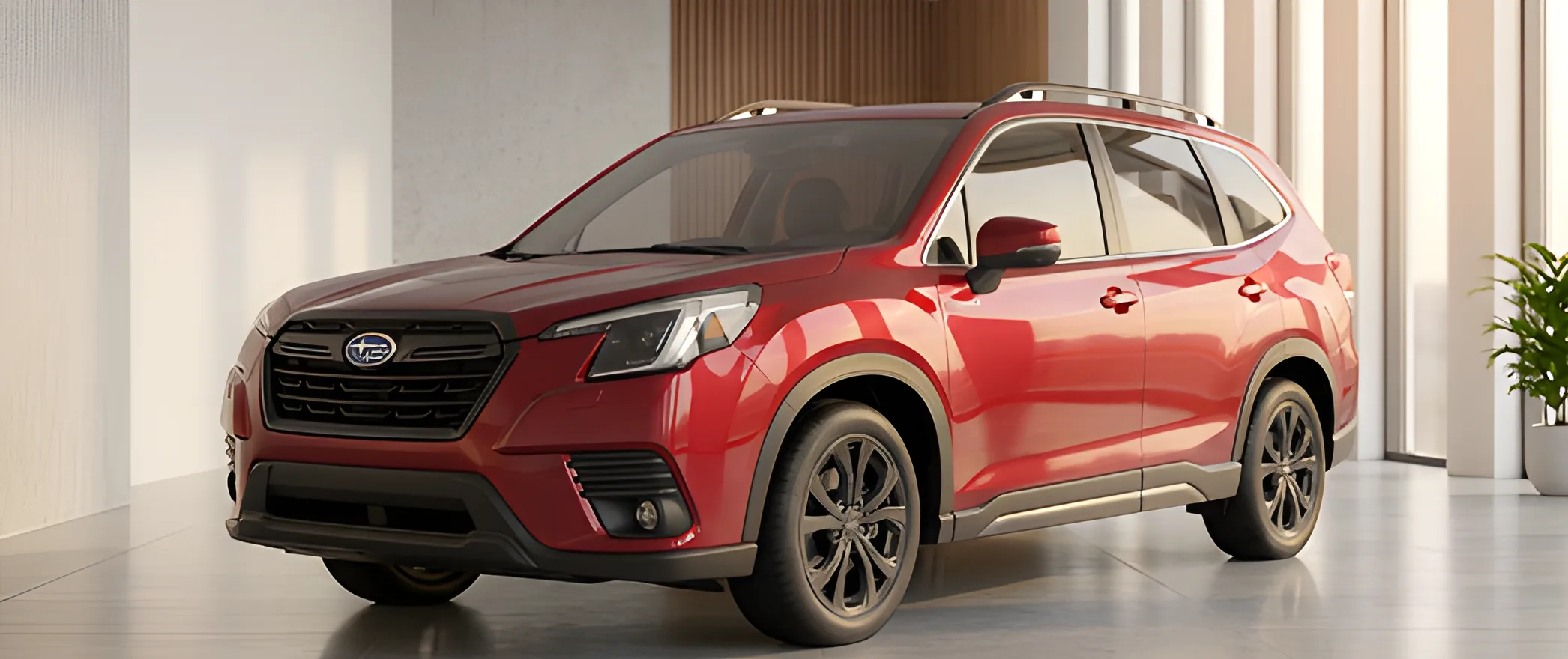 Red Subaru electric SUV in a showroom
