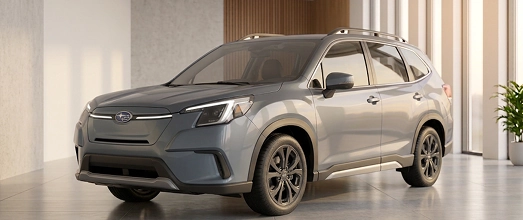A silver Subaru Forester in a bright showroom